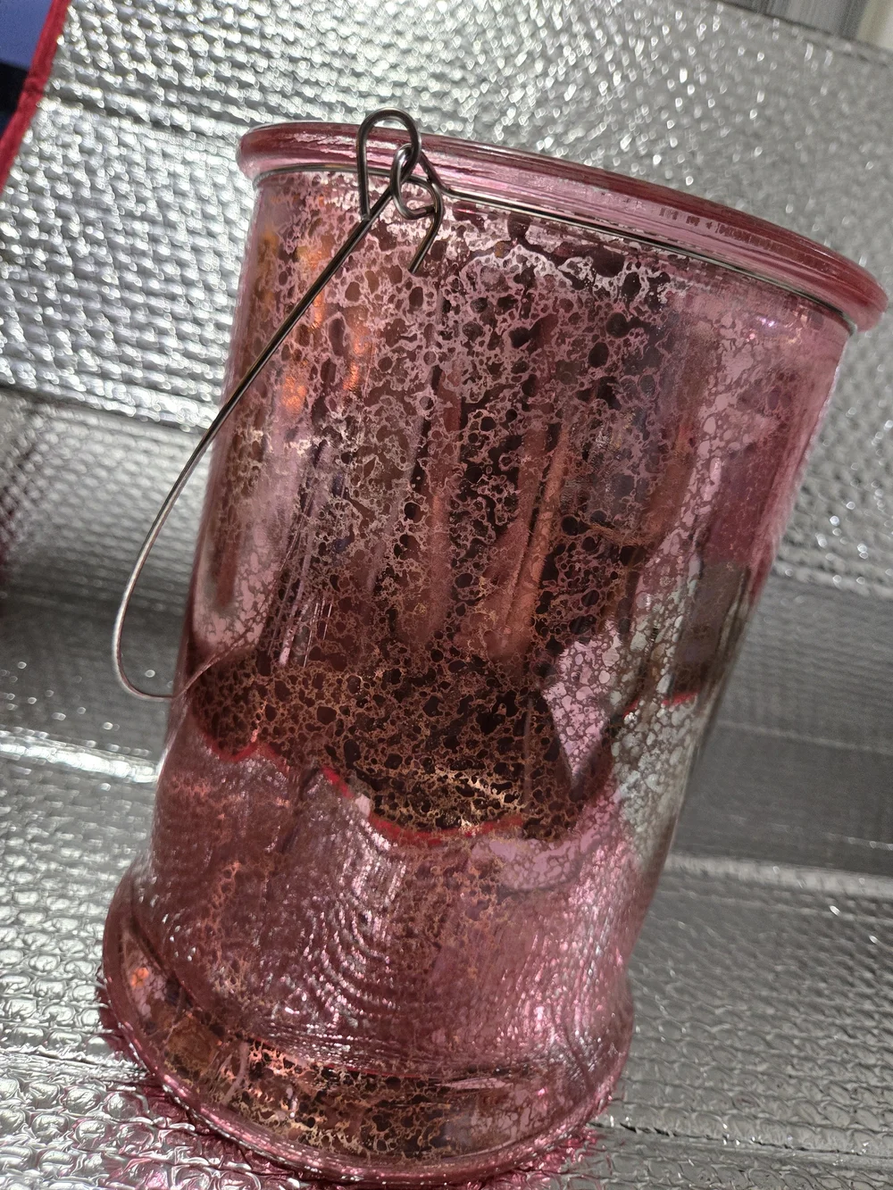 Pink Murcury Glass Hurricane Lantern with Handle.. *Martha Stewart